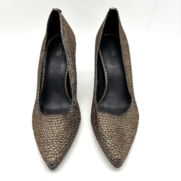 Michael Kors ABBI FLEX Bronze Glitter Rhinestone Block Pump Heels Women's 10M - Picture 3 of 16